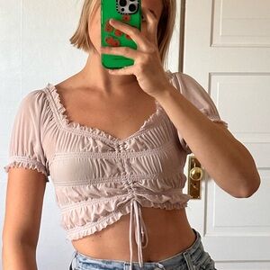 Pink rutched mesh top